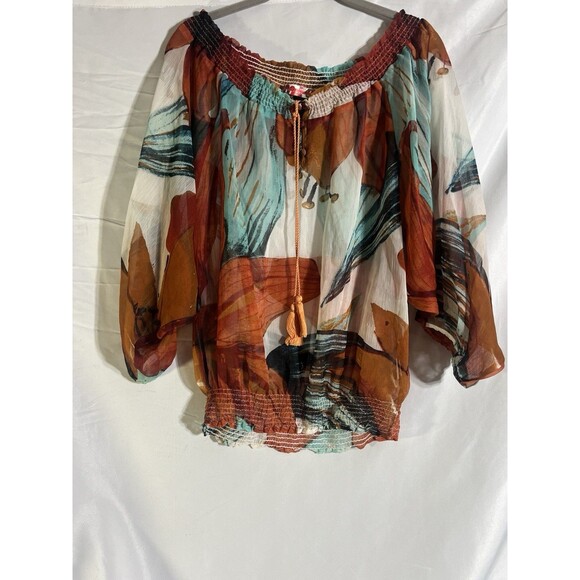 Desigual Top Women's M Sheer Blouse Colorful Peasant Boho Indie - Picture 1 of 8